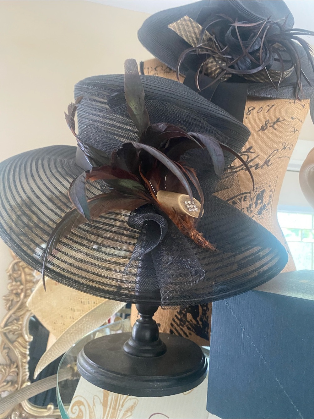 Vintage Black Wide-Brim Feather Accent Hat